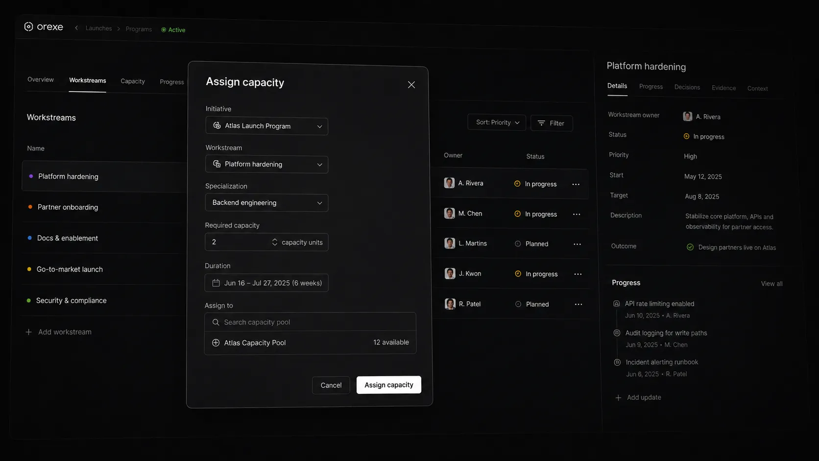 Panel de Atlas que muestra capacidad operativa, contratos y estado de tareas.