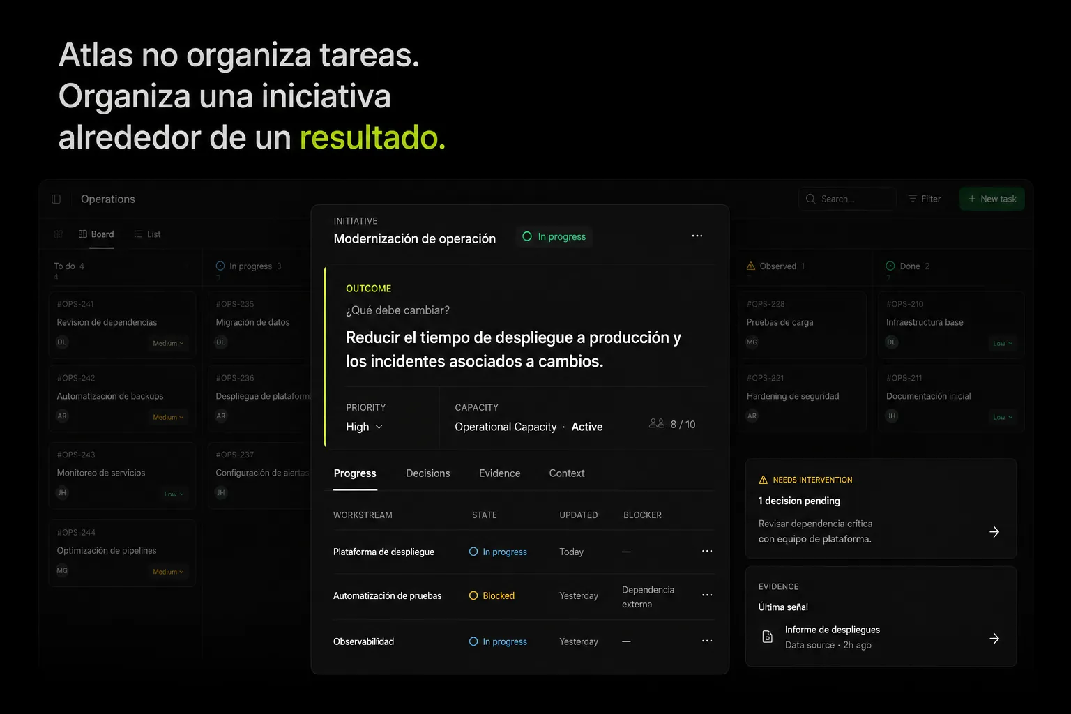 Detalle de una iniciativa en Atlas con prioridad, progreso, capacidad y evidencia.
