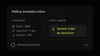 Política de inventario crítico con sus condiciones y la acción de reposición sugerida.