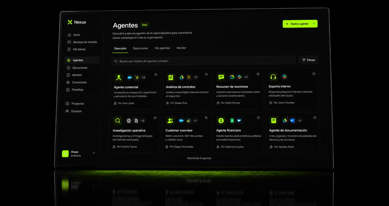 Plataforma Nexus: catálogo de agentes de IA con ejecuciones, monitor y conectores.