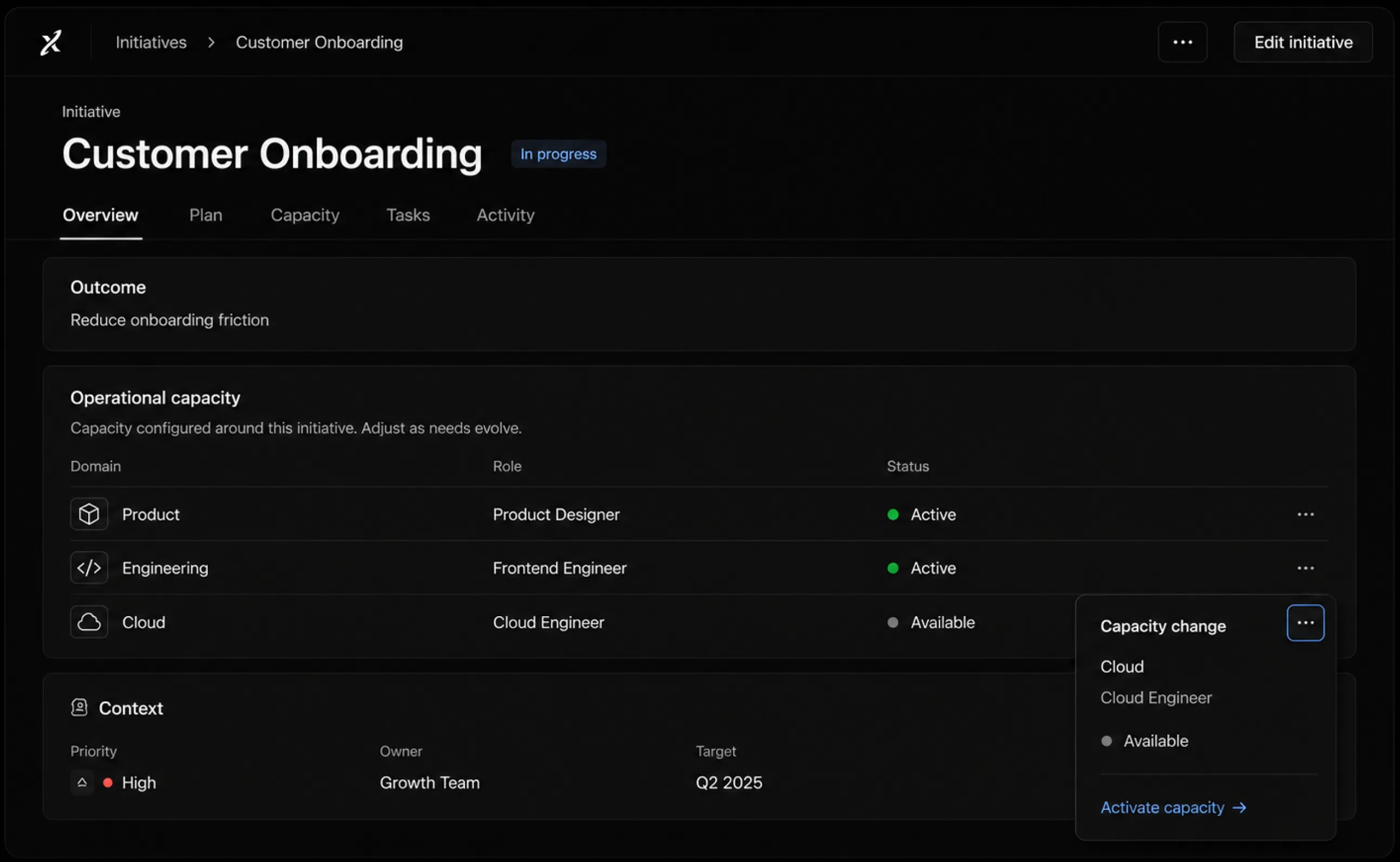 Tablero de Atlas con la initiative Customer Onboarding y su capacidad operativa configurada por dominio.