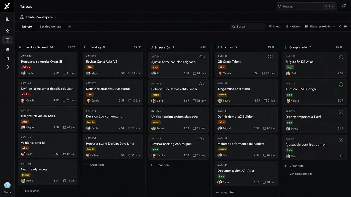 Tablero Atlas con tareas organizadas por estado: backlog, en revisión, en curso y completado.